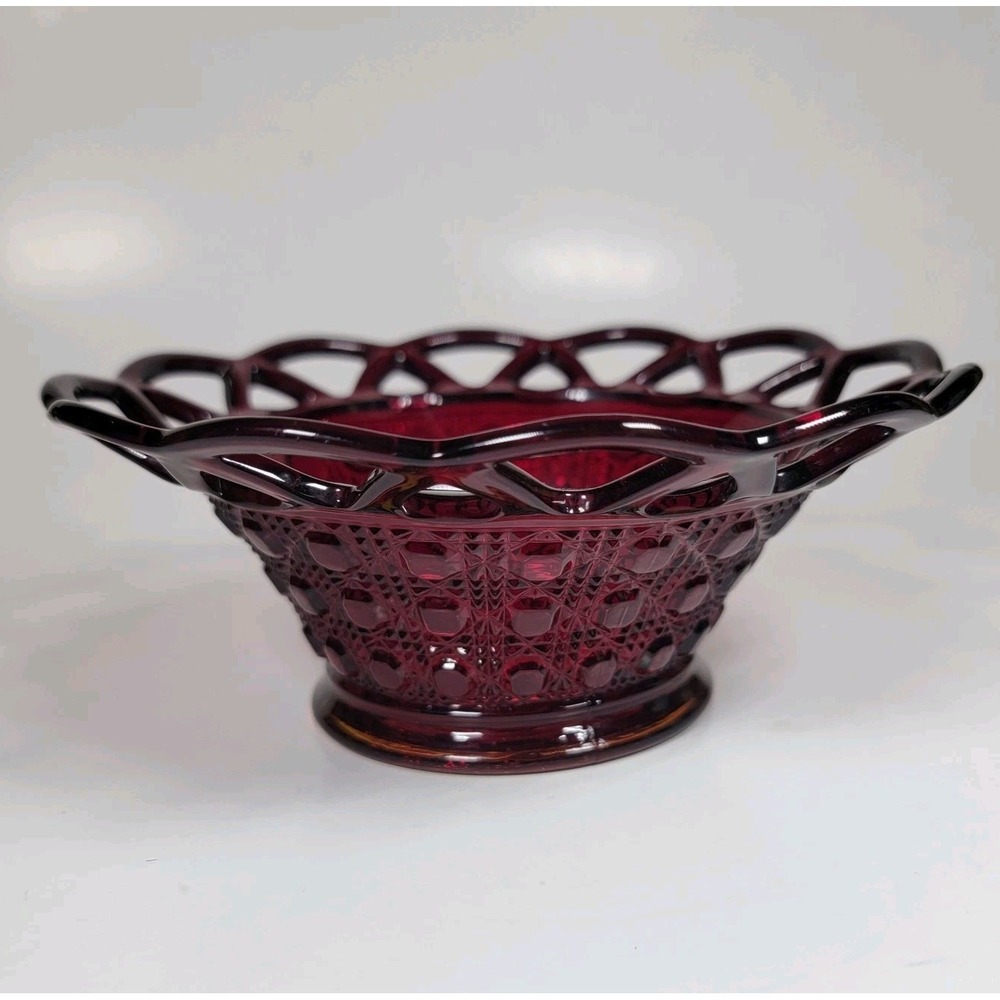 Antique GLOW Imperial Glass 5.75" Laced Diamond Bowl Ruby Red Lace‎ Scallop Edge